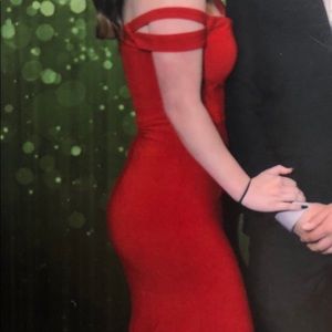 Red David’s Bridal prom dress